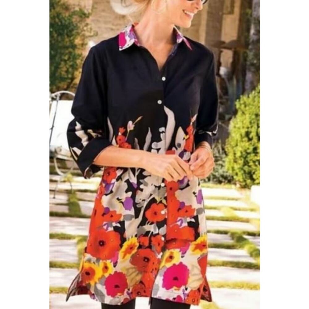 Soft Surroundings Size Large Beaded Tunic Dress Black Flower Floral Button Up